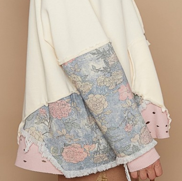 POL Hoodie Floral Contrast Patchwork Top Distressed Raw Exposed Seam Sweatshirt - Picture 14 of 15
